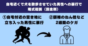 自宅近くで犬を散歩させていた男性への暴行で略式起訴（罰金刑）となった判例