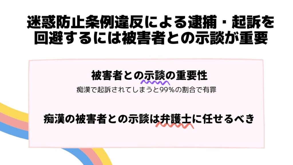 迷惑防止条例違反による逮捕・起訴を回避するには被害者との示談が重要