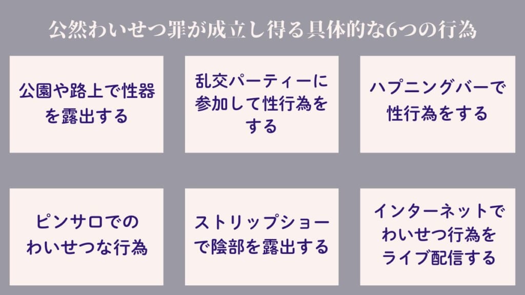 公然わいせつ罪が成立し得る具体的な6つの行為