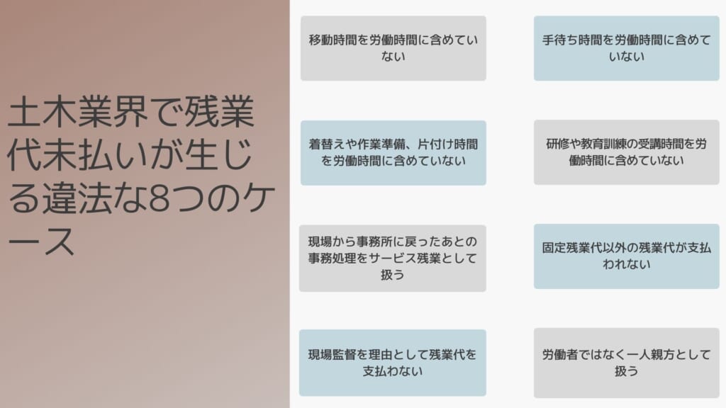 土木業界で残業代未払いが生じる違法な8つのケース