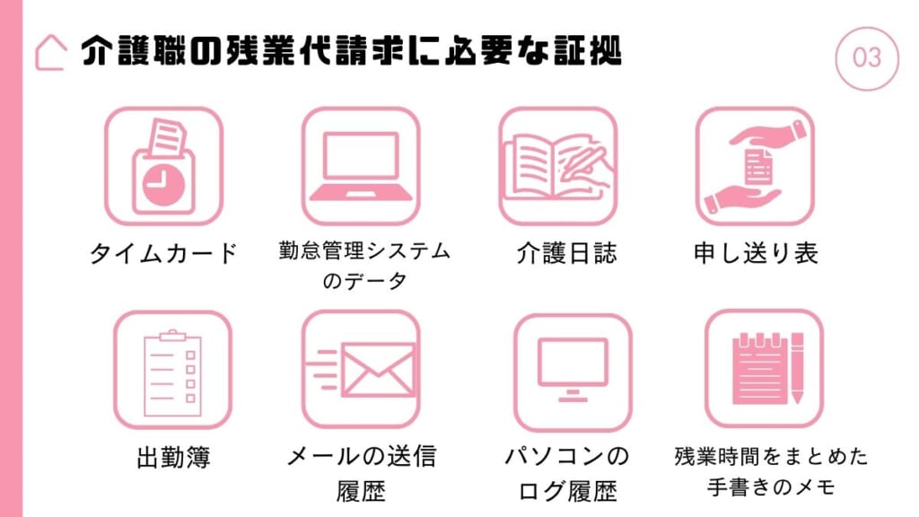 介護職の残業代請求に必要な証拠